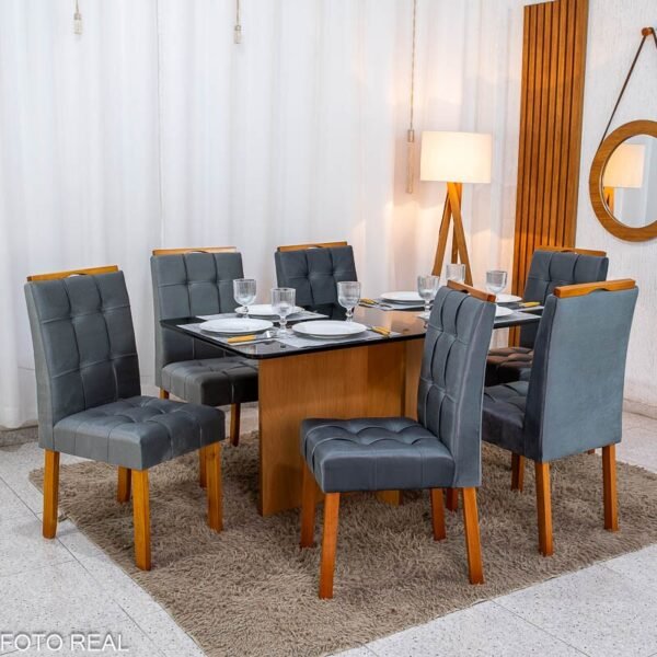 Mesa de Jantar Moscou 160x80 Vidro Preto/Base Cinamomo + 6 Cad. Londres Veludo Chumbo Madeira Minas Plac - Entregue Montada