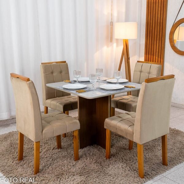 Mesa de Jantar Moscou 90x90 Vidro Off/Base Cinamomo + 4 Cad. Londres Veludo Avelã Madeira Minas Plac - Entregue Montada