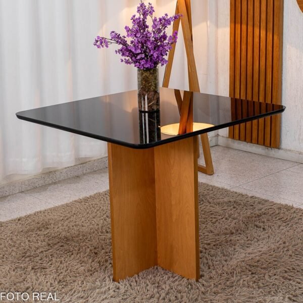 Mesa de Jantar Moscou 90x90 Vidro Preto/Base Cinamomo - Minas Plac