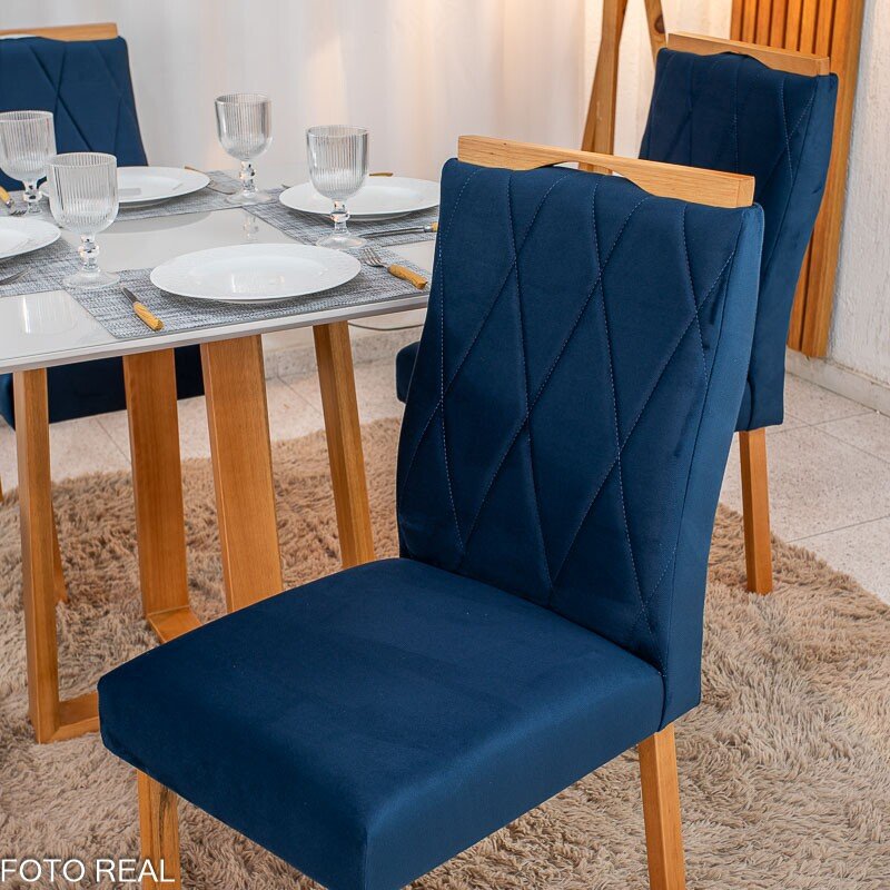 Mesa de Jantar Pedro 90x90 Vidro Off/Base Madeira + 4 Cad. Lisboa Veludo Azul 503 Madeira Art Assento - Entregue Montada - Imagem 5
