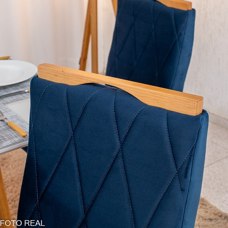 Mesa de Jantar Pedro 90x90 Vidro Off/Base Madeira + 4 Cad. Lisboa Veludo Azul 503 Madeira Art Assento - Entregue Montada - Imagem 6