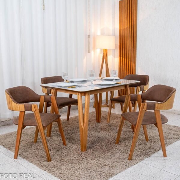 Mesa de Jantar Siena 120x90 Vidro Off/Base Madeira + 4 Cad. Florença Madeira Korino Marrom 671 - Art Assento