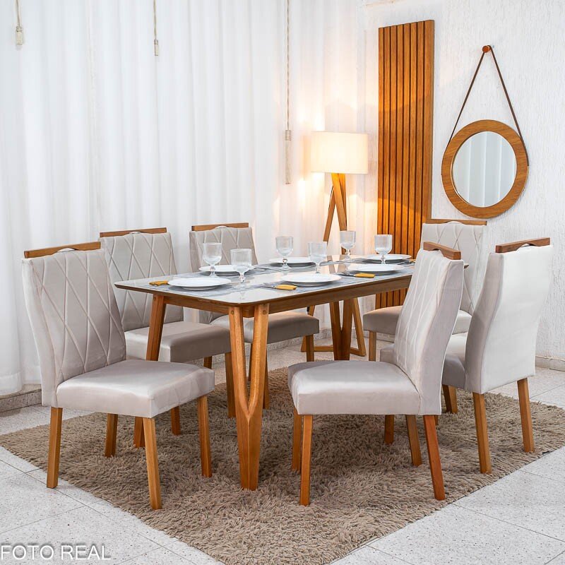 Mesa de Jantar Siena 160x90 Vidro Off/Base Madeira + 6 Cad. Lisboa Veludo Bege 512 Madeira Art Assento - Entregue Montada - Imagem 3