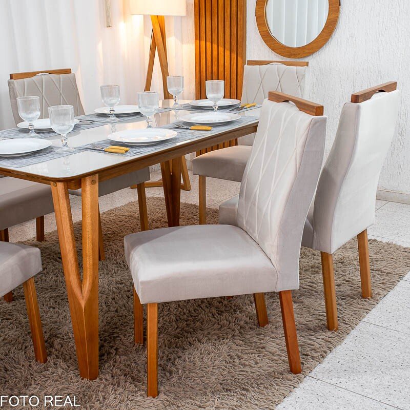 Mesa de Jantar Siena 160x90 Vidro Off/Base Madeira + 6 Cad. Lisboa Veludo Bege 512 Madeira Art Assento - Entregue Montada - Imagem 4