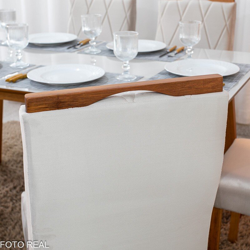 Mesa de Jantar Siena 160x90 Vidro Off/Base Madeira + 6 Cad. Lisboa Veludo Bege 512 Madeira Art Assento - Entregue Montada - Imagem 5