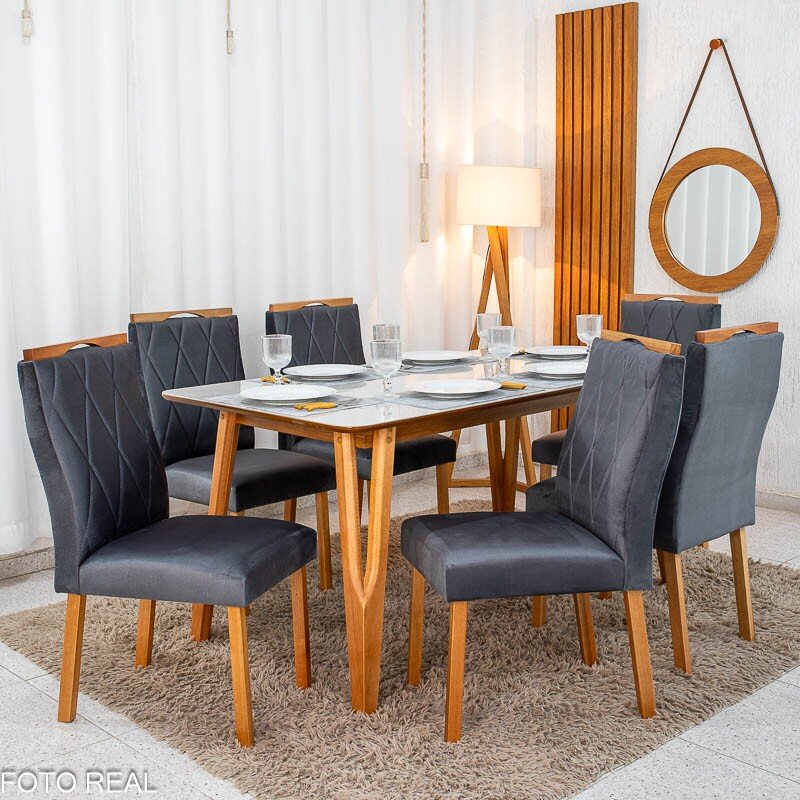 Mesa de Jantar Siena 160x90 Vidro Off/Base Madeira + 6 Cad. Lisboa Veludo Cinza 507 Madeira Art Assento - Entregue Montada - Imagem 3
