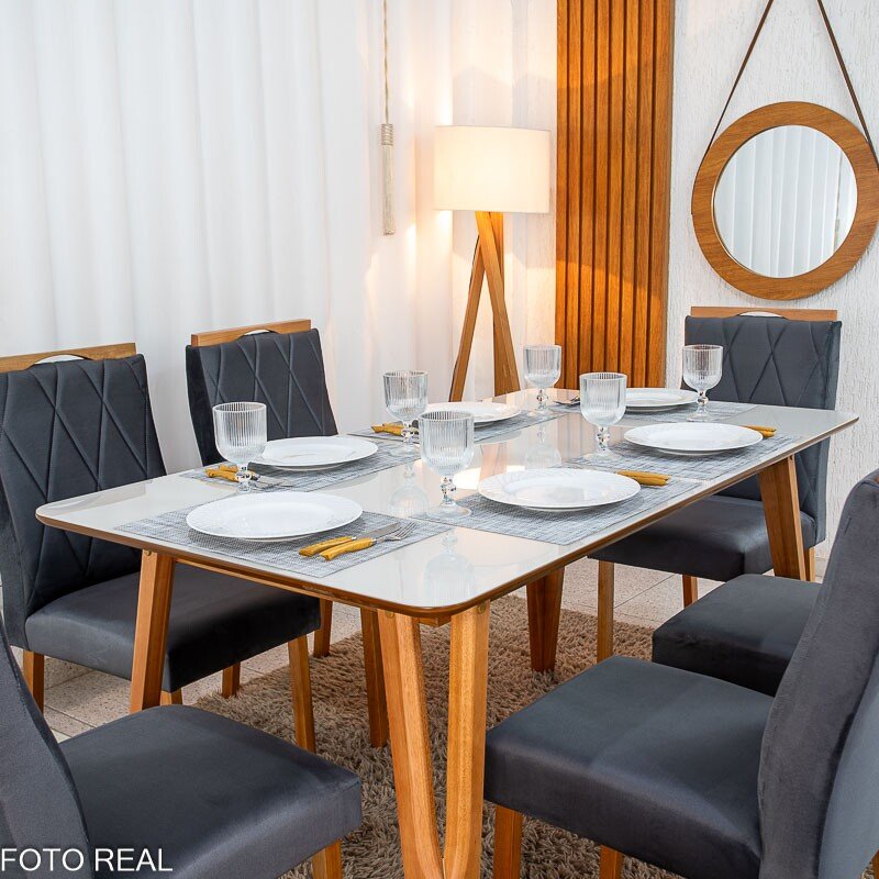 Mesa de Jantar Siena 160x90 Vidro Off/Base Madeira + 6 Cad. Lisboa Veludo Cinza 507 Madeira Art Assento - Entregue Montada - Imagem 2