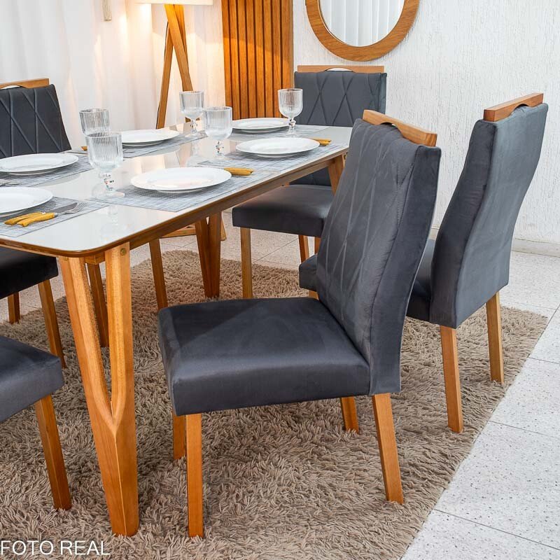 Mesa de Jantar Siena 160x90 Vidro Off/Base Madeira + 6 Cad. Lisboa Veludo Cinza 507 Madeira Art Assento - Entregue Montada - Imagem 4