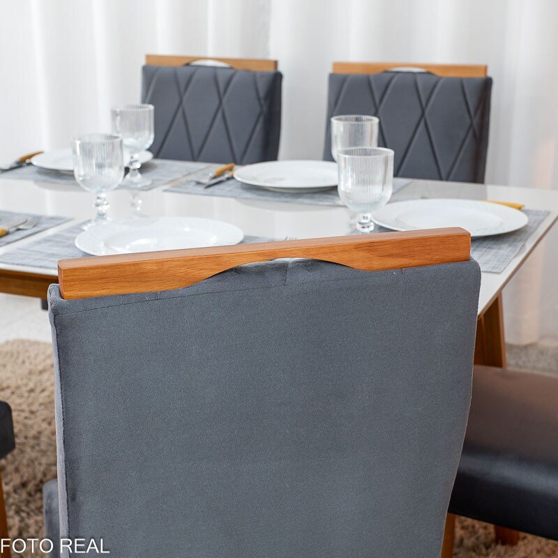 Mesa de Jantar Siena 160x90 Vidro Off/Base Madeira + 6 Cad. Lisboa Veludo Cinza 507 Madeira Art Assento - Entregue Montada - Imagem 5