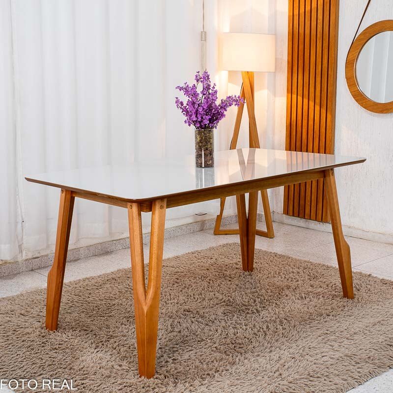 Mesa de Jantar Siena 160x90 Vidro Off/Base Madeira + 6 Cad. Lisboa Veludo Cinza 507 Madeira Art Assento - Entregue Montada - Imagem 6
