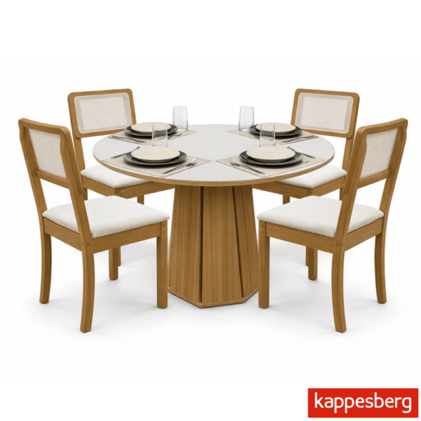 Mesa de jantar Jade BA54 Tampo Redonda 105x105cm MDF c/vidro Off White + 4 Cadeiras Gardeni Cinamomo - Kappesberg