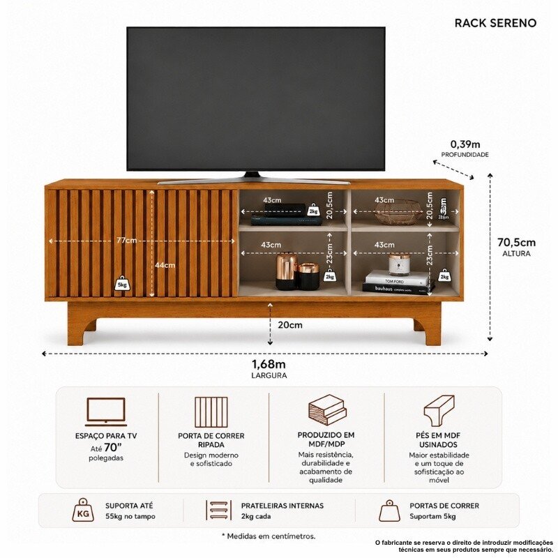 Rack Sereno Larg. 1.68m Cinamomo/Off C/Porta Ripada para TV até 70" - JCM - Imagem 5