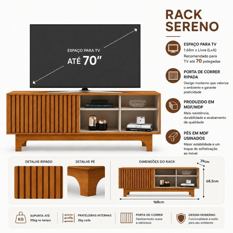 Rack Sereno Larg. 1.68m Cinamomo/Off C/Porta Ripada para TV até 70" - JCM - Imagem 7