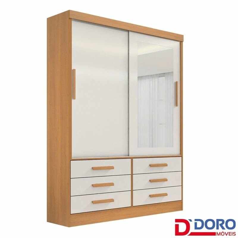Roupeiro Solteiro Merídian Cinamomo/Off 2 portas c/ 1 Espelho 6 Gavetas Larg. 1.35m - D Doro