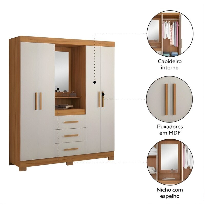 Guarda-Roupa NT 6055 4 portas 3 Gavetas Freijó/Off C/Pés Larg. 1.38m - Notável - Imagem 7