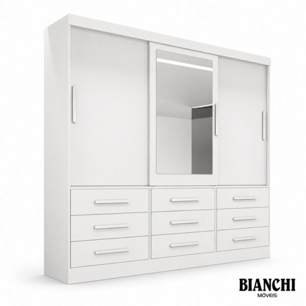 Roupeiro Casal Turim Branco 3 Portas 9 Gavetas C/ 1 Espelho 100% MDF Larg. 2.11 - Bianchi