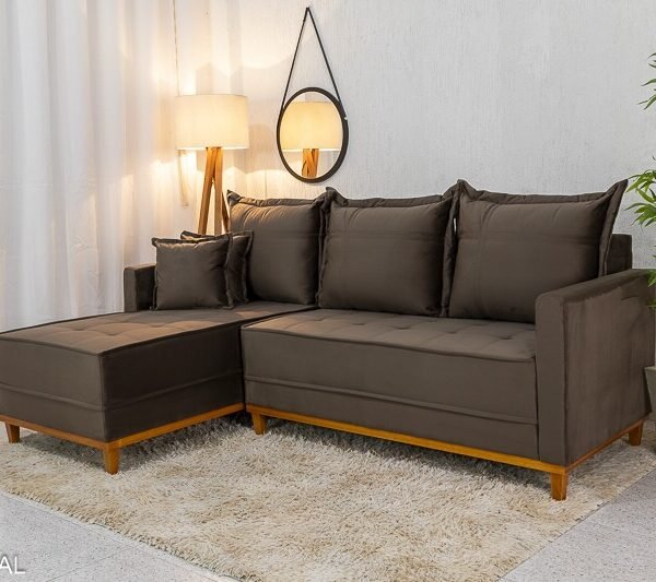 Sofá 3 Lug. Milão C/Chaise Lado Direito Veludo Marrom 815 Larg. 2.30m - Molas Ensacadas