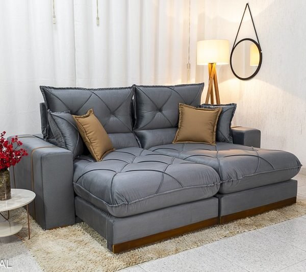 Sofá Retrátil Reclinável Gran Bello 2.30m Veludo Cinza 20 - Molas Ensacadas Pocket