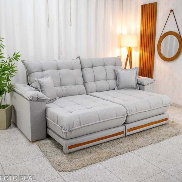 Sofá Retrátil Reclinável Barcelona 2.50m Linho Cinza 461 + 2 Almofadas - Espuma D33 e Molas Ensacadas Pocket