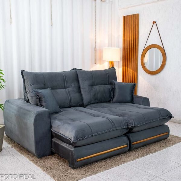 Sofá Retrátil Reclinável Chicago 2.10m Veludo Grafite A15 D28 Soft - Molas Ensacadas
