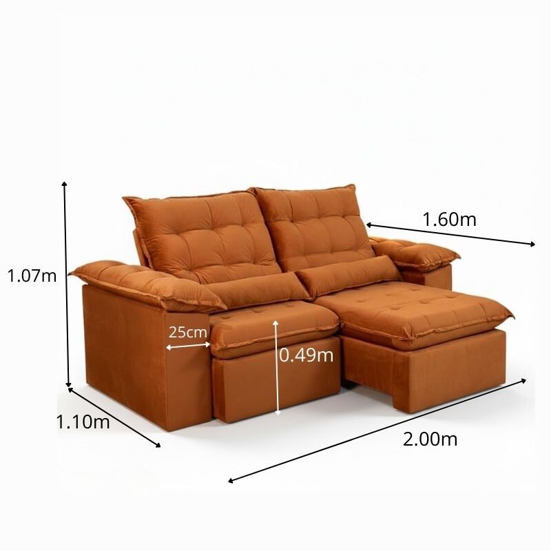 Sofá Retrátil Reclinável Emanuelly 2.00m Veludo Terracota 24 - D28 Soft - Imagem 2