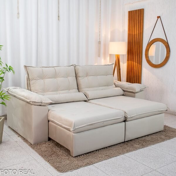 Sofá Retrátil Reclinável Emanuelly 2.30m Veludo Bege 01 - D28 Soft
