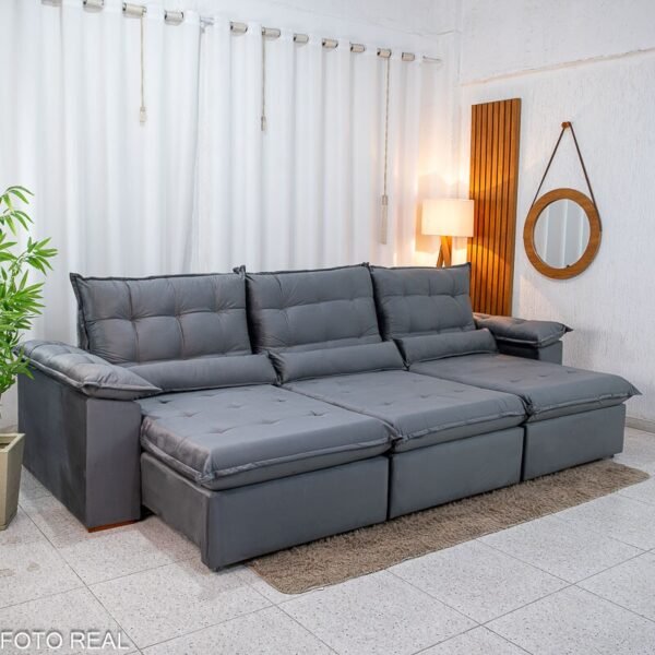 Sofá Retrátil Reclinável Emanuelly 3.20m Veludo Cinza 20 - D28 Soft
