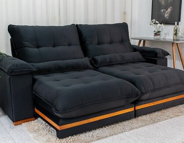 Sofá Retrátil Reclinável Ibis 2.50m Veludo Preto 820 - D33 e Molas Ensacadas