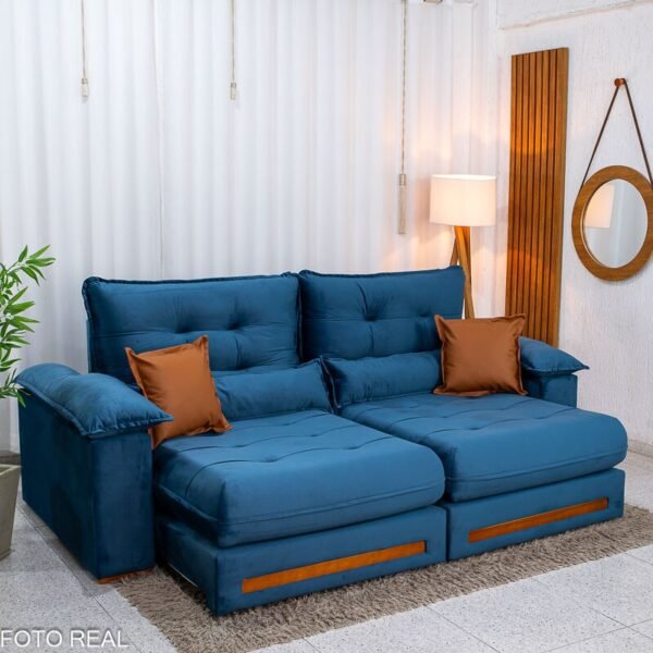 Sofá Retrátil Reclinável Imperial 2.50m Veludo Azul 03 - D33 e Molas Ensacadas