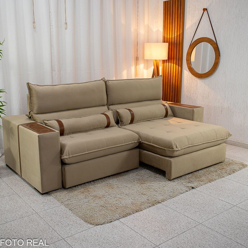 Sofá Retrátil Reclinável Ravello 2.50m Veludo Bege 3040/04 - Espuma D33 - Imagem 2