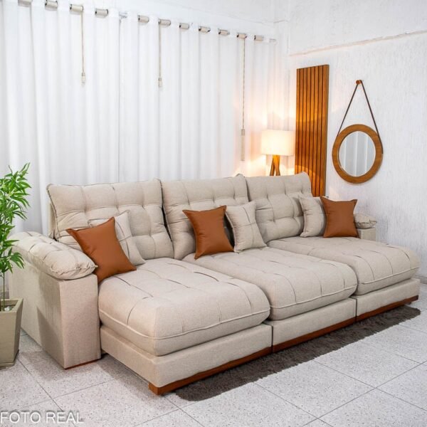 Sofá Retrátil Reclinável Verona 3.20m Linho Bege D28 Soft - Molas Ensacadas